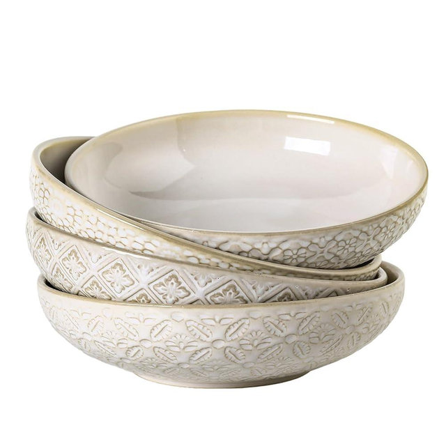 Feenmai 8 inch Pasta Bowls Set of 4, 22 Oz Ceramic Serving Bowls, Large Porcelain Embossed Soup Bowl, Serving Dishes for Pasta, Salad, Fruit, Oven & Dishwasher Safe, Housewarming Wedding Present