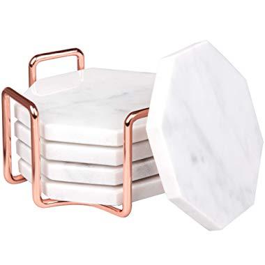 White Carrara Marble Coasters With Rose Gold Holder- Set of 5