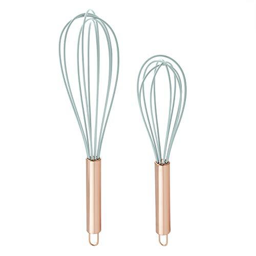 COOK WITH COLOR Silicone Whisks for Cooking, Stainless Steel Wire Whisk Set of Two - 10” and 12”, Heat Resistant Kitchen Whisks, Balloon Whisk for Nonstick Cookware - Copper and Aqua