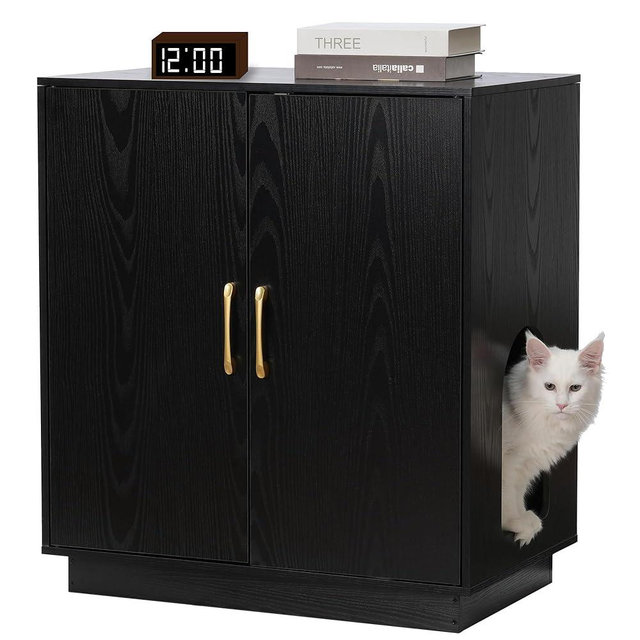 Gitelsnour Litter Box Enclosure, 30.9'' High Large Litter Box Furniture, Modern Cat Litter Box Enclosure with Hidden Storage, Side Table, End Table, Black GCLB003BK