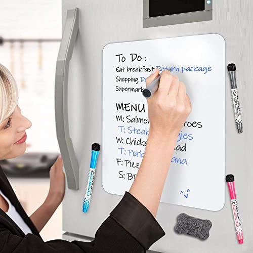 Small Magnetic Dry Erase Board Sheet for Refrigerator, Inmorven Fridge Whiteboard for Kitchen, 11.7"x16.5" White Board Organizer and Planner with Stain Resistant Technology, Include 1 Eraser,3 Markers