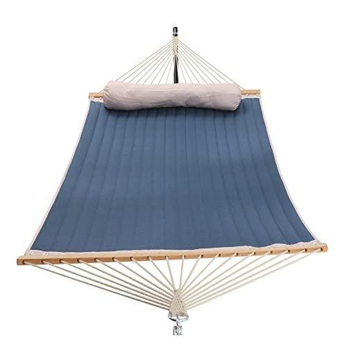 Patio Watcher 11 Feet Quilted Fabric Hammock with Pillow, Double Hammock with Bamboo Wood Spreader Bars, Perfect for Outdoor Patio Yard, Dark Blue