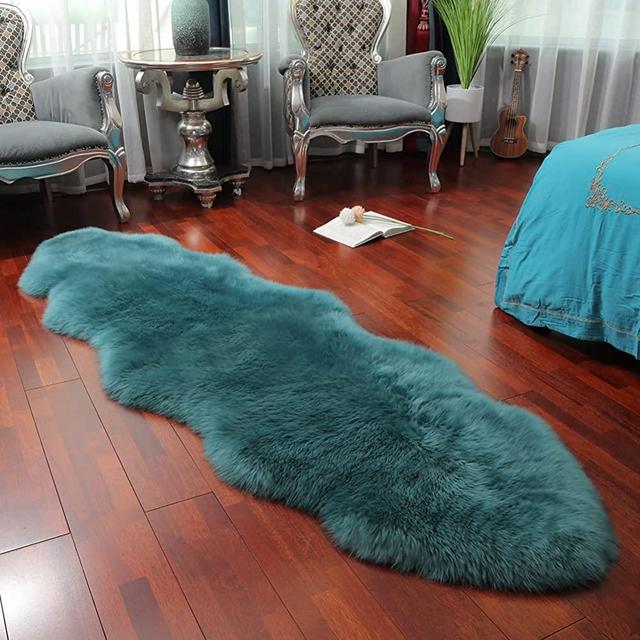 LLB Premium Genuine Sheepskin Rug Natural Luxury Fluffy Fur Area Rug for Living Room Real Wool Fur Rug,Seat Covers for Kids Bedroom Sofa Chair Cover Carpet (Peacock Blue, 2 x 6 ft Sheepskin)