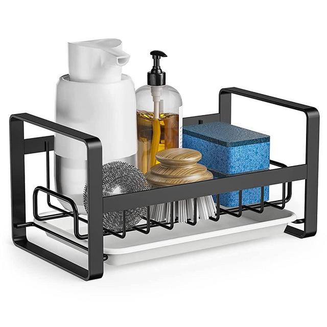 Kitchen Sink Caddy Sponge Holder, 304 Stainless Steel Sink Tray Drainer Rack, Soap Brush Dispenser, Countertop or Adhesive Sponge Holder Organizer for Sponge Dish Brush Soap with Removable Drain Tray