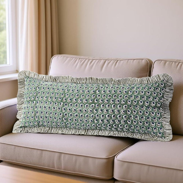 Ridhi Basil Green 100% Cotton Block Print Ruffle Lumbar Sham Cover Handmade Boho Floral Pillowcase, Farmhouse Cottagecore Bedding, Soft Decorative Cushion Cover for Bedroom Décor 14 x 36 Inch