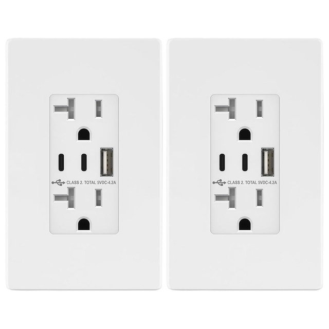 TOPGREENER 4.2A 21W 3-Port Type C USB Outlet, 20 Amp Receptacle Plug, Charging Power Outlet with Dual Type C&A Ports, Screwless Wall Plate Included, UL Listed, TU22042AC2-WSID, White, 2 Pack