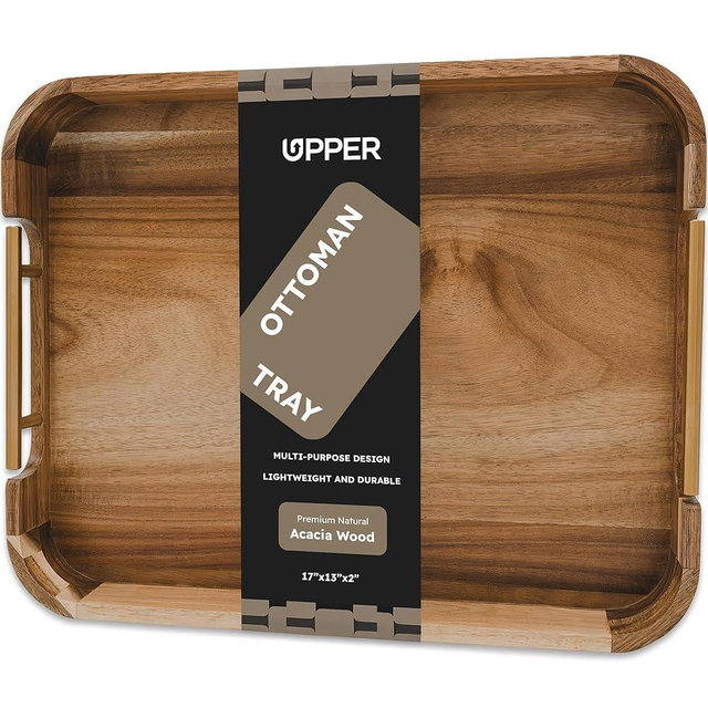 UPPER Ottoman Tray 17x13 Inches Acacia Wood Serving Tray with Handles, Decorative Serving Tray with Handles, Wooden Serving Tray for Ottoman, Coffee Table Tray, Breakfast Tray Anti-Skid Pads Included