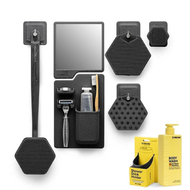 TOOLETRIES Get Your Grooming Together Pack - Shower Grooming Kit for Men with Silicone Body, Back, Face, and Beard Scrubbers, Body Wash, No-Fog Mirror, Shower Organizer and Drink Holder