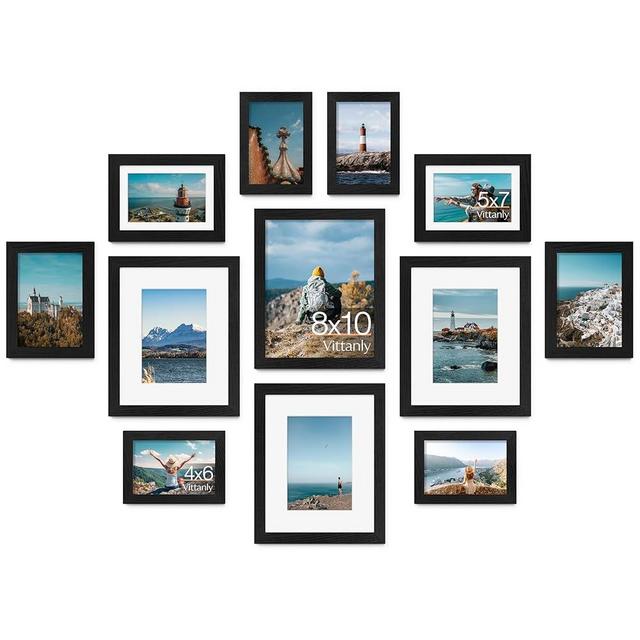 Vittanly 12 Pack Picture Frames Collage Wall Decor for Mounting or Tabletop Display, Gallery Wall Frame Set for Family, Multi Sizes Including 8x10, 5x7, 4x6, Black