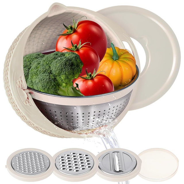 4-1 Colander with Mixing Bowl Set - Strainers for Kitchen, Food Strainers and Colanders,Pasta Rice Strainer, Fruit and Veggie Washer, Salad Spinner, Kitchen Essentials Strainer Basket Bowl (Beige)