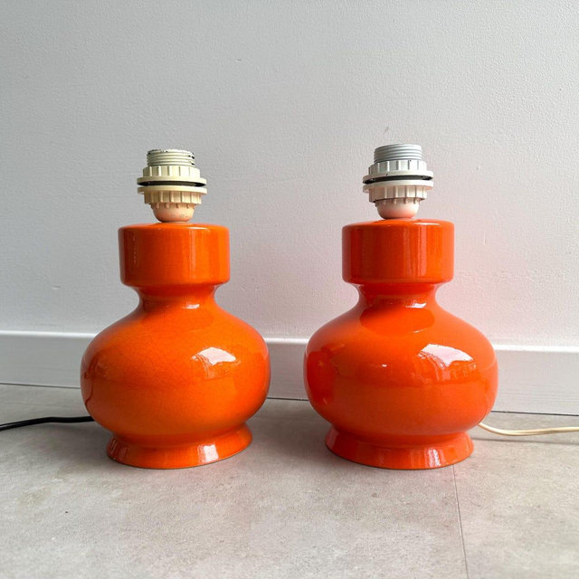 Set of 2 vintage orange ceramic table lamp bases