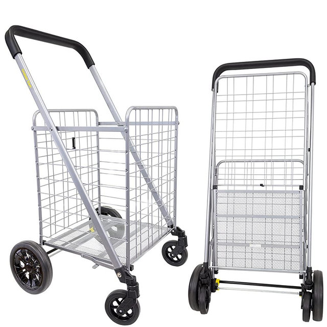 dbest products Cruiser Cart Deluxe 2 Shopping Grocery Rolling Folding Laundry Basket on Wheels Foldable Utility Trolley Compact Lightweight Collapsible, Silver