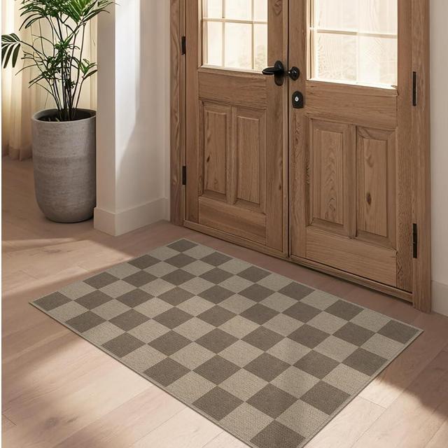 Rugalia Easy Jute Checkered Entryway Rug, 2.6x4 Brown Modern Indoor Outdoor Doormat, Washable Non-Slip Neutral Kitchen Rug Farmhouse Checkerboard Throw Rugs for Entrance Bedroom Bathroom