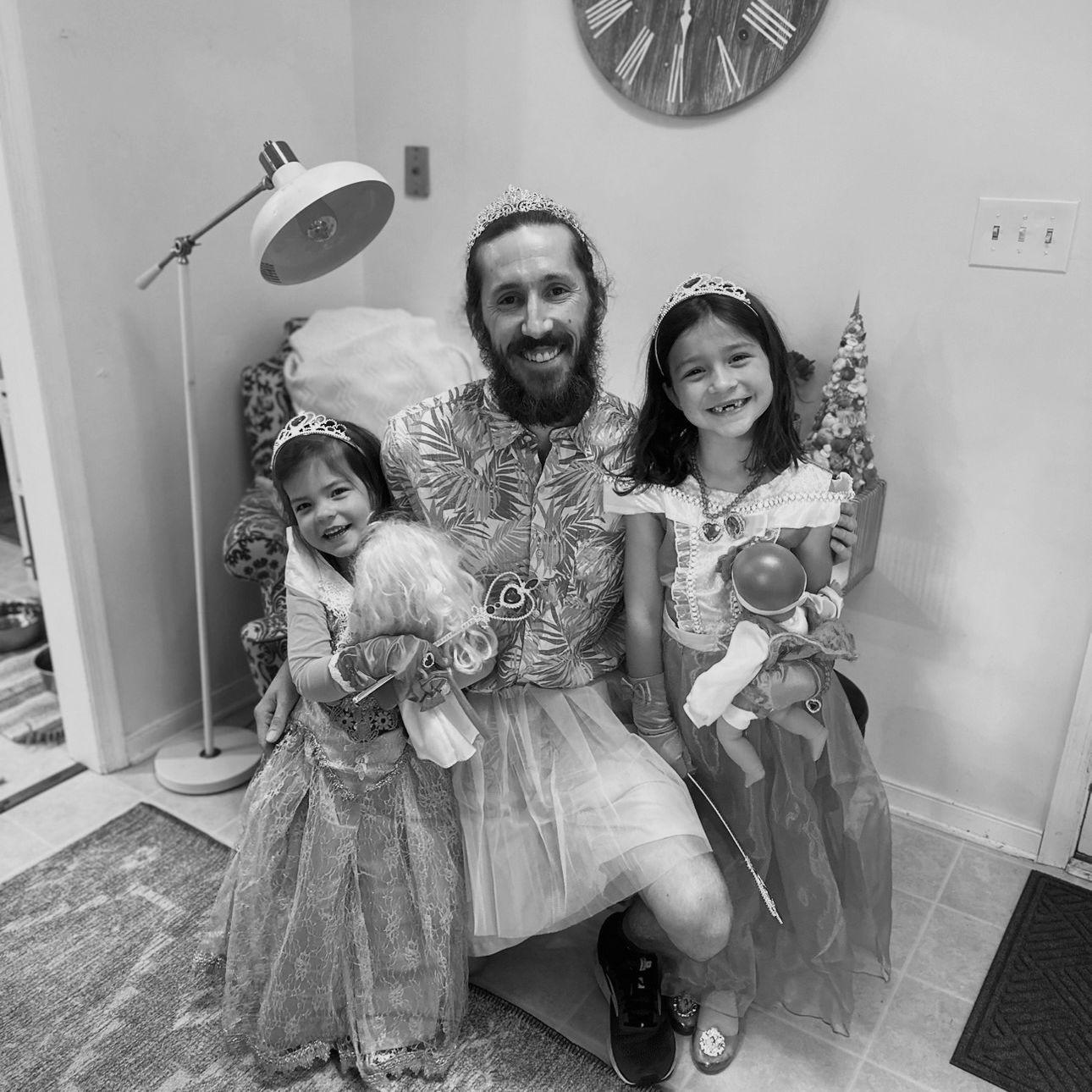 Melanie's princess birthday tea party in 2023. Matthew can rock a tutu.