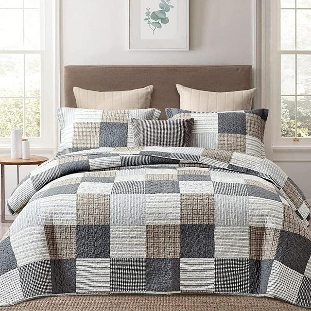 Finlonte Quilt Bedspread Sets - Cotton Grey Black Brown Plaid Patchwork Quilted Coverlet ,3 Pieces Reversible Lightweight Bed Decor for All Season,Queen Size