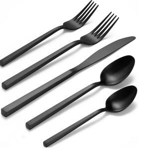 Alata Cube Matte Black 40-Piece Flatware Set, Forged Cutlery Set, Service for 8, Stainless Steel Tableware with Square Handle for Home/Restaurant, Dishwasher Safe
