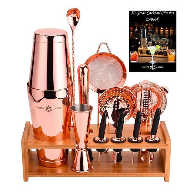 Rose Copper Pro Cocktail Shaker Set by WinterCastle-The 18 piece Ultimate Bartender Kit: Boston Shaker, Jigger, Muddler, Bar Spoon, 3 Strainers, 4 Pourers with Caps, Tongs, Bamboo Stand, Recipe EBook