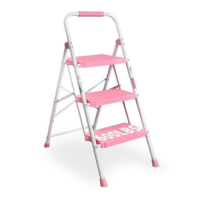 BONTEC 3-Step Ladder, Folding Step Stool with Wide Anti-Slip Pedals, Max Load Capacity 600lbs Sturdy Steel Ladder, Convenient Handgrip, Lightweight Portable Step Stool for Adults, Pink