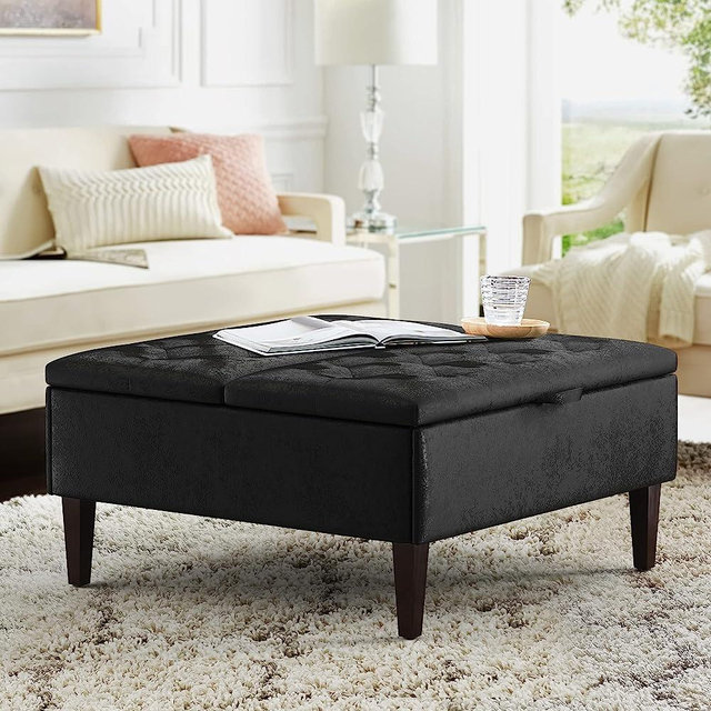Cozyman Storage Ottoman Lift Top Coffee Table, 36" Square Tufted Waffle Fabric Ottoman with Storage, Large Storage Bench for Living Room Bedroom with Dark Brown Wooden Legs, Black
