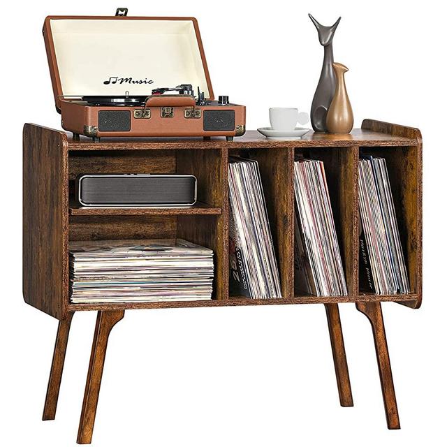 Lerliuo Record Player Stand with 4 Cabinet Holds Up to 220 Albums, Large Turntable Stand with Beech Wood Legs, Mid-Century Record Player Table,Retro Brown Vinyl Holder Storage for Bedroom Living Room