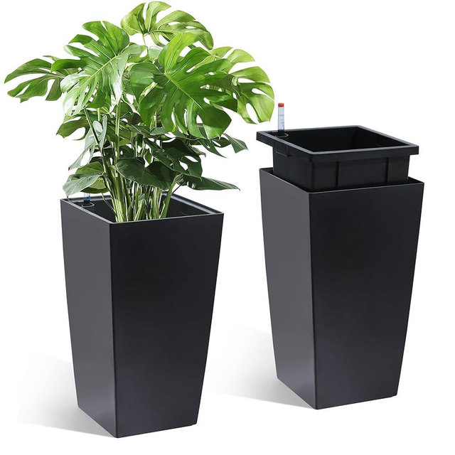 GarveeLife 16" Tall Planters Set of 2, Outdoor＆Indoor Black Planter Pots, High Front Porch Planter Pots with Drainage Holes＆Water Level Monitor＆Inner Bucket, Automatic Watering,Black