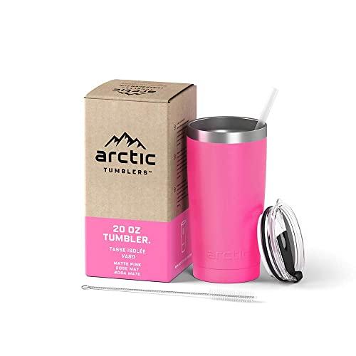 Arctic Tumblers Stainless Steel Camping & Travel Tumbler with Splash Proof Lid and Straw, Double Wall Vacuum Insulated, Premium Insulated Thermos - (Matte Pink Powder Coat, 20 oz)