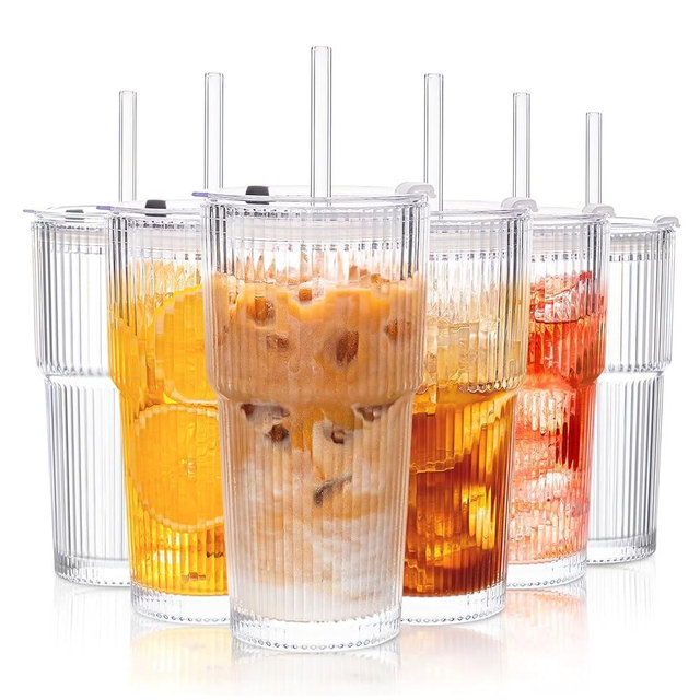 KEMORELA 6-Pack Ribbed Glass Tumblers with Lids & Straws – Vintage Style Iced Coffee Cups, Durable Smoothie & Cocktail Drinking Glasses, Reusable Clear Glassware for Home, Cafe, Office (6)