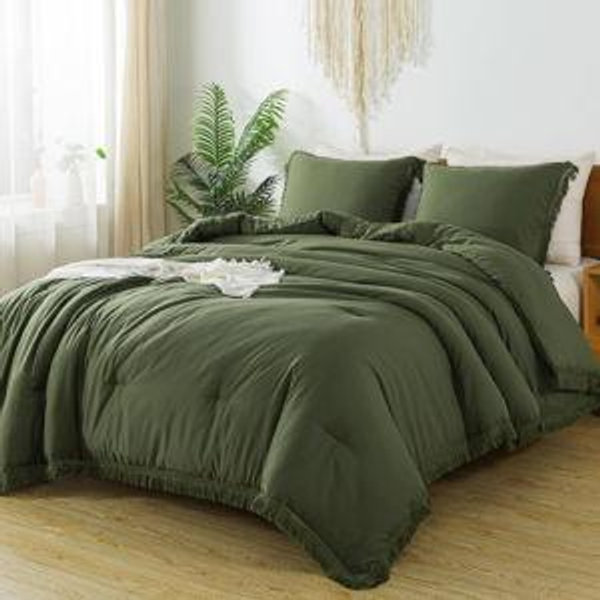 Andency Olive Green Comforter Set King, 3 Pieces Boho Tassel Lightweight Bedding Comforter Sets for King Bed, All Season Soft Fluffy Fringe Bed Set (104x90In Comforter & 2 Pillowcases)
