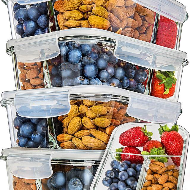 Prep Naturals Glass Meal Prep Containers 3 Compartment 5 Pack - Bento Box Containers Glass Food Storage Containers with Lids - Food Prep Containers Glass Storage Containers with Lids Lunch Containers
