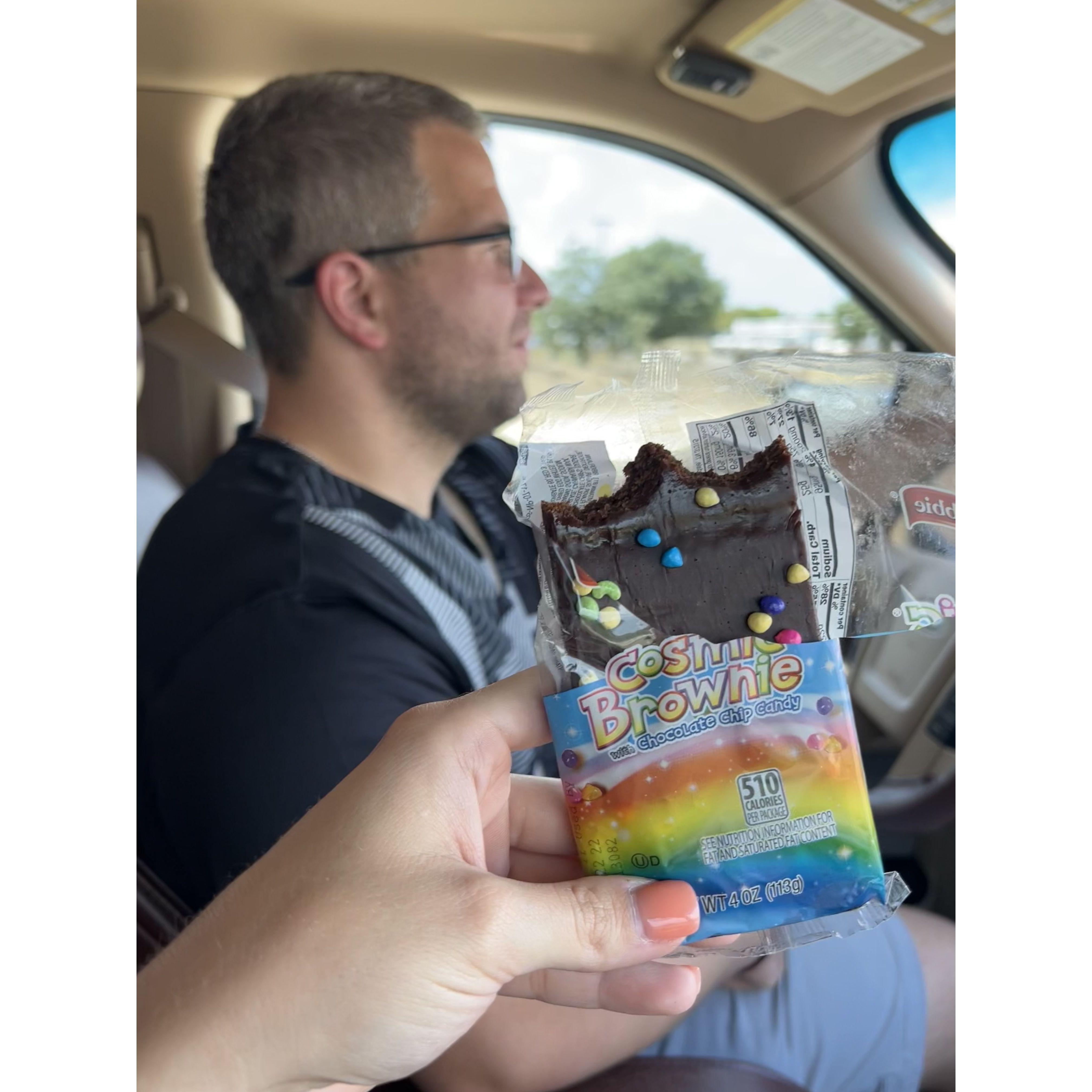 July- I'm having a bad day and craving a Cosmic Brownie. Mikey checks CVS ... nope. He searches inside 7-Eleven for a while before coming out with their last 2 Cosmic Brownies. True love!!