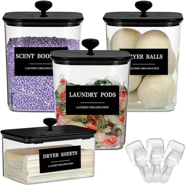 Laundry Detergent Pods Container & Dryer Sheet Holder with Lid, Clear Laundry Detergent Powder Dispenser with Labels, Plastic Laundry Containers for Organizing Laundry Room Organization and Storage