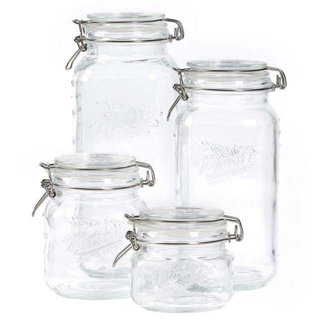 Mason Craft Clamp; More Airtight Kitchen Food Storage Clear Glass Clamp Jars, 4 Piece Clamp Preserving Jar Set (.5L, 1L, 2L, and 3L)