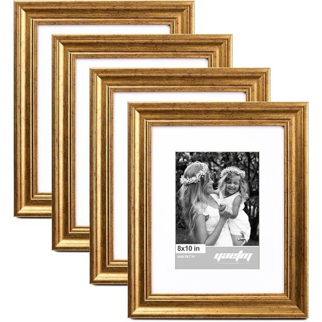 Yaetm 8x10 Picture Frame Matted to 5x7 Set of 4, 1.4” Wide Molding & Rustic Gold Photo Frames 8 x 10 with HD Tempered Glass, Display on Table Top & Wall Mounting (4 pack, Gold)