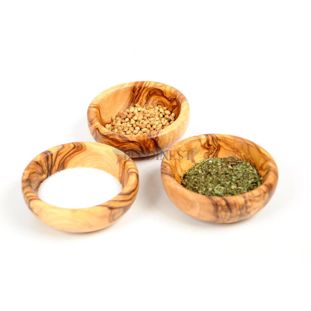 BeldiNest - 3" Olive Wood Mini Spice Bowls Set of 3 Handmade Bowls, Handcrafted Wooden Mini Bowls