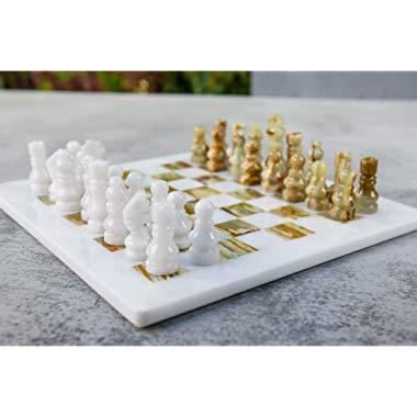 Radicaln Handmade White and Green Onyx Weighted Full Chess Game Set Staunton and Ambassador Gift Style Marble Tournament Chess Sets for Adults - Non Wooden - Non Magnetic - Not Backgammon - Non Glass
