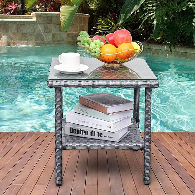 Valita PE Wicker Side Table Outdoor Resin Rattan Glass Top Square End Table with Two Shelves, Gray, Grey