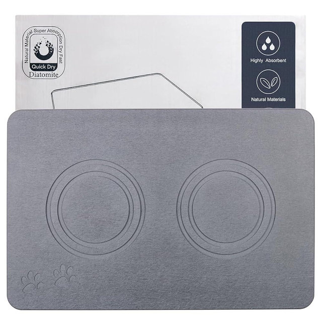 Addogyy Home Dog Cat Bowl Stone Mat–Natural Diatomite Stone Pet Bowls Mat, Pet Feeding Mat, Modern and Stylish Pet Feeding Station–Non-Slip, Quick Drying Mat,Dog Food Water Bowls Mat Deep Grey