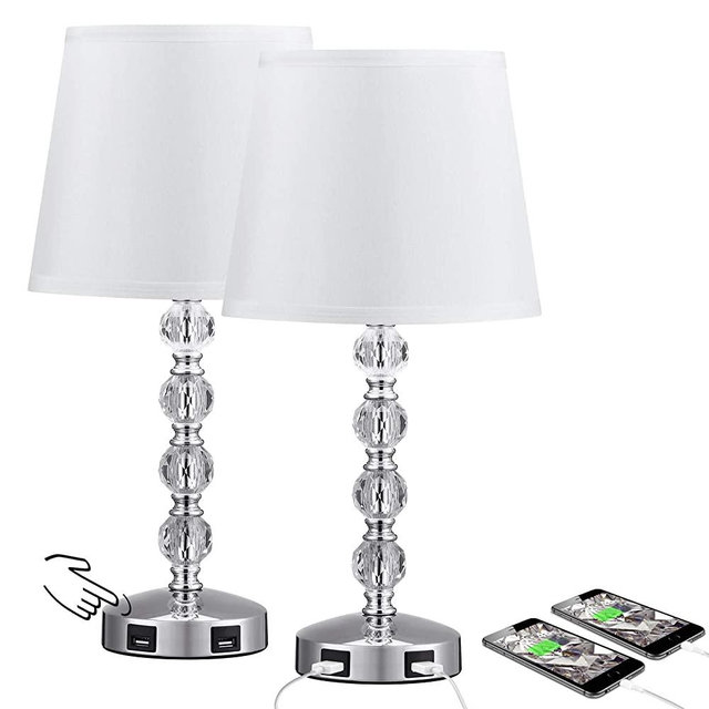 Touch Control 3 Way Dimmable Cute Crystal Table Lamp with 2 USB Charging Ports, Acaxin 17Inch Bedside Light with Modern White Shade, Small Bed Lamp for Bedroom, Living Room, Guest Room(Bulb Included)