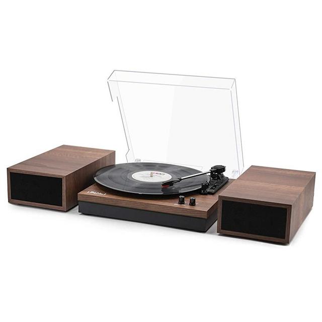 LP&No.1 Retro Belt-Drive Bluetooth Turntable with Stereo Bookshelf Speakers, 3-Speed Vinyl Record Player with Wireless Playback and Auto-Stop, Walnut