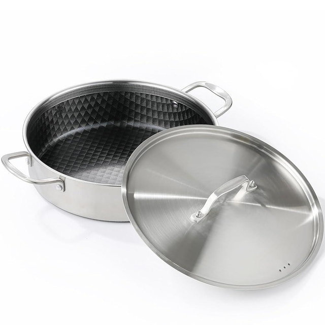 DELARLO 8Quart Tri-Ply Stainless Steel Non Stick Braiser Pan with Lid,13inch Deep Frying Pan,Large Skillet,Jumbo Cooker,Induction Compatible,Heavy Duty and Oven Safe.