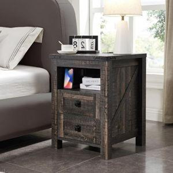 RedLemon Farmhouse Nightstand with Charging Station, Rustic 18 Inch End Table with 2 Storage Drawers and Open Shelf, Wood Sofa Side Table for Bedroom, Living Room (Dark Rustic Oak)