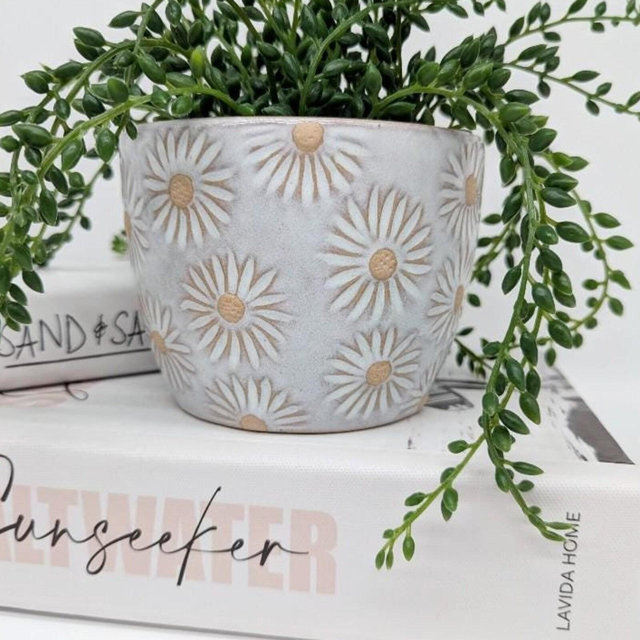 White Embossed Daisy Flowers Planter Pot | Pots for Plants | With Drainage Hole | Gardening Gifts
