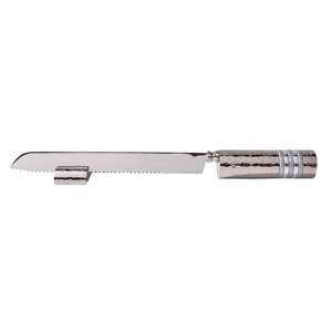 Bread Challah Knife and Stand Hammered Metal Handle with Colored Rings by Yair Emanuel (Silver Rings)