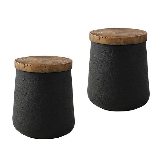 COSIEST 2 Pieces Outdoor Side Table, Set of 2 Drum End Table, Cylinder Shaped Concrete Side Table Faux-Wood Top, Black Outdoor Accent Table with Tree Trunk Slice Hand Painted, Accent Stool