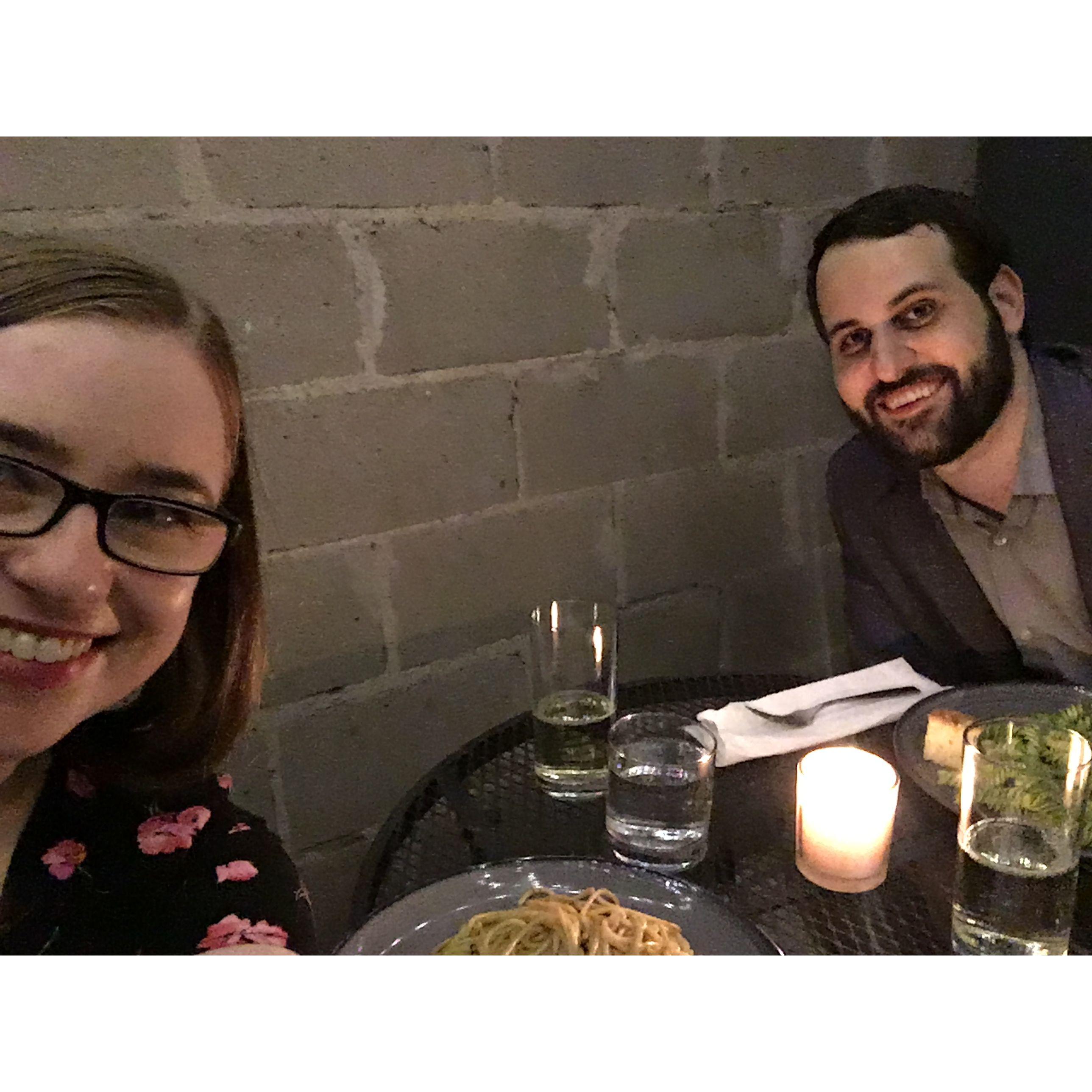 Our first in-person date! We couldn't go out to restaurants, so we simulated the experience by ordering some takeout from Lupa and eating it out on Stephen's apartment patio.