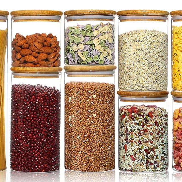 Kitchen Canisters Set, M MCIRCO 9Pcs Airtight Glass Jars with Bamboo Lids, Glass food Storage Containers for Kitchen & Pantry Organization, Cookie, Coffee, Pasta, Nuts and Spice Jars, Stackable
