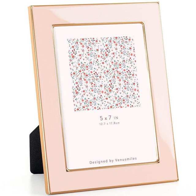 Venusmiles 5x7 Enamel Picture Frame, Gold Metal Edge with Easel, Real Glass Photo Frame for Wall and Tabletop Display Family Office Photo Gallery, Pink Enamel/1pc