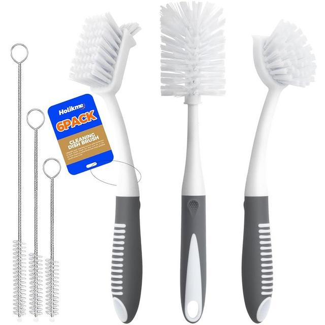 Holikme 6 Pack Dish Brush Set with Bottle Brush, Dish Scrub Brush, Pan Brush and 3 Straw Brushes, Deep Cleaning Handle Brush with Scraper Tip for Kitchen Sink Dishes Bottle Cup Pot and Pans (Gray)