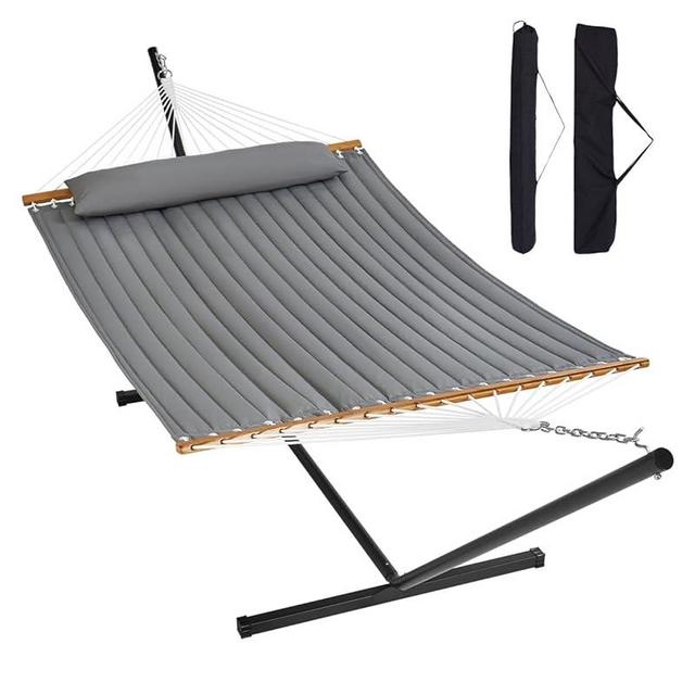 VEVOR Double Hammock with Stand, Heavy Duty 2 Person Hammocks with 12FT Portable Steel Stand, Hardwood Spreader Bar, Pillow & Storage Bag for Outdoors, Backyard, Patio 480lbs Capacity