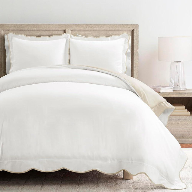 Lush Decor Coastal Chic Scallop Edge Cotton Duvet Neutral/White 3 Piece Set Full/Queen - Soft Elegant Affordable Luxury Duvet Set